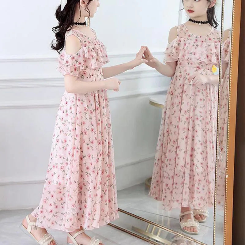 Girls Sweet Flower Princess Dress Summer Puff Sleeve Floral Girl Casual Dresses New Korean Fashion Children's Clothing Vestidos