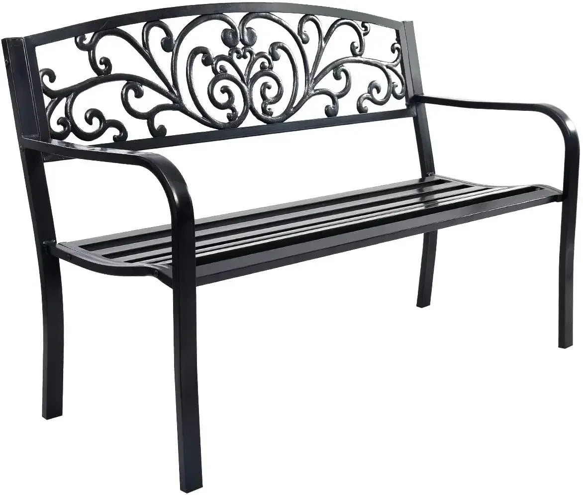2 Seater Garden Bench, Decorative Pattern Iron Park Chair Seat, Outdoor Leisure Loveseat for Garden,  Patio,  Park,  Yard