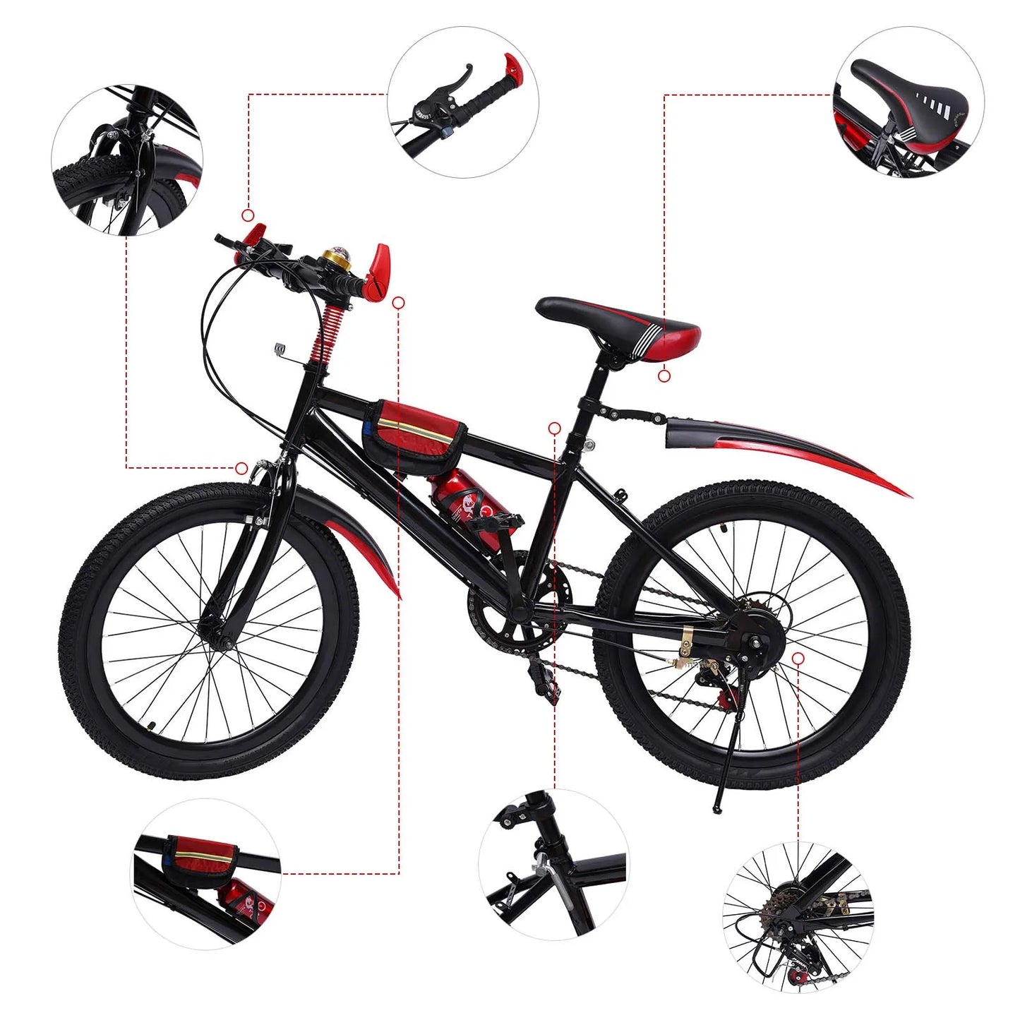 20" Mountain Bike Kids' Bicycles, 7 Speed Gears Children's Bike with Kettle&holder Height Adjustable for Riding on Roads