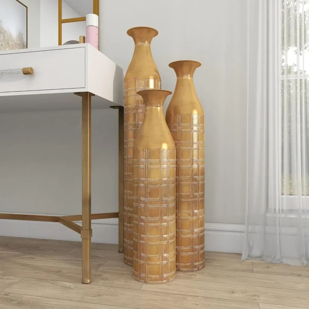 Gold Flower Vase Decoration Home Metal Tall Distressed Metallic Vase With Etched Grid Patterns Vases Set of 3