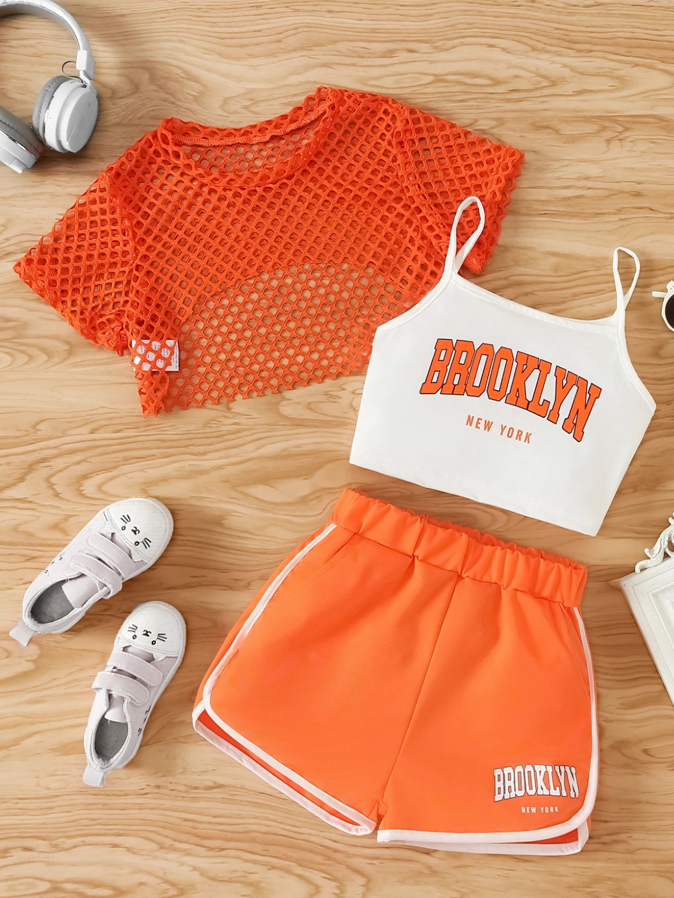 Girls Three-Piece Clothing New Breathable Summer Thin Fashion Short-Sleeved Mesh Top + Letter Printed Short Vest Suspender + Letter Printed Sports Shorts