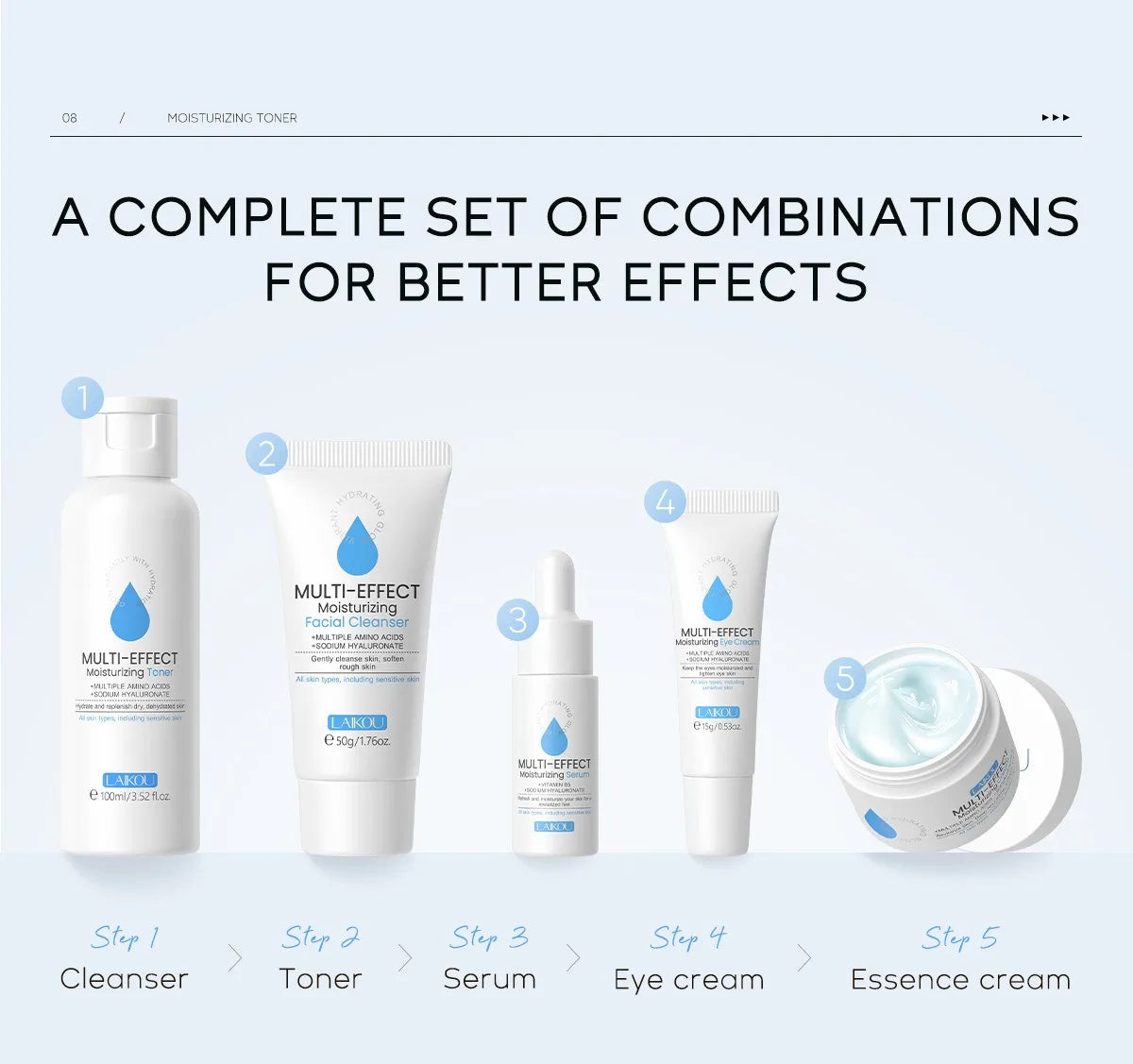 Sodium Hyaluronate Facial Hydration Set Serum Face Cream Cleanser Eye Cream Toner Moisturising Firming Anti-Wrinkle Skin care