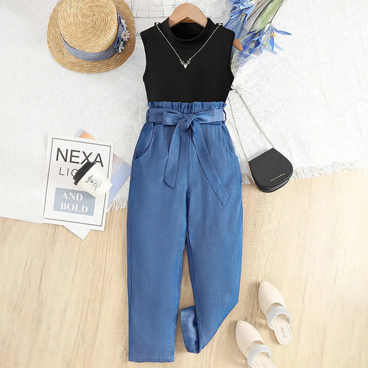Summer Girls Thin Fashion Sleeveless Top High Waist Straight Tube Wide Leg Slimming Pantsuit Cotton Cute Baby Clothes