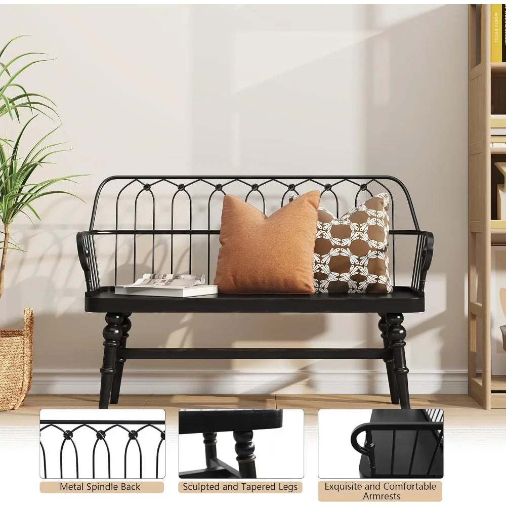 Entryway Bench, Farmhouse Dining Bench with Back, Wooden Indoor Benches Seat with Metal Spindle Back for Entryway, Hallway