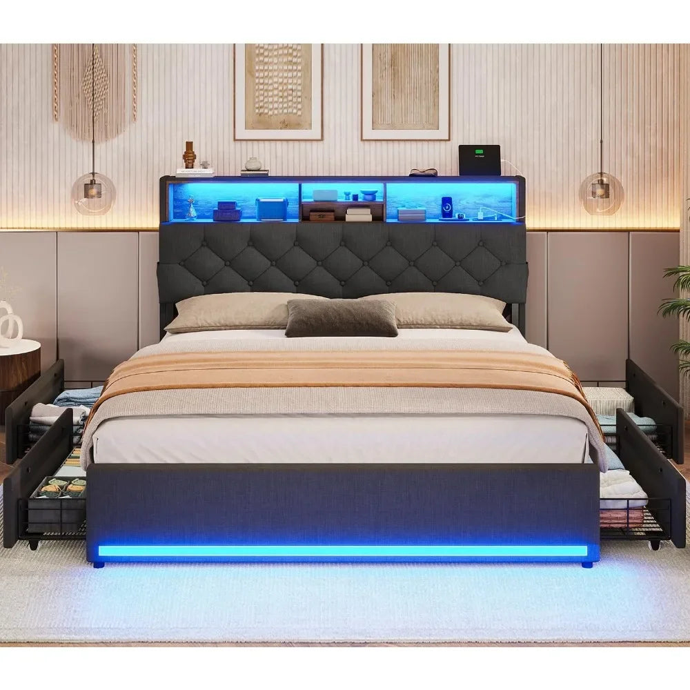 Bed, Queen Bed Frames with Headboard & 4 Drawers, LED Bed Frame Twin with Charging Station, Upholstered and Metal Queen Bed