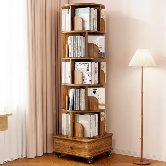 Rotating Bookshelf 360 Floor-to-ceiling Living Room Storage Shelf Home with Wheels Mobile Student Picture Book Shelf Bookcase