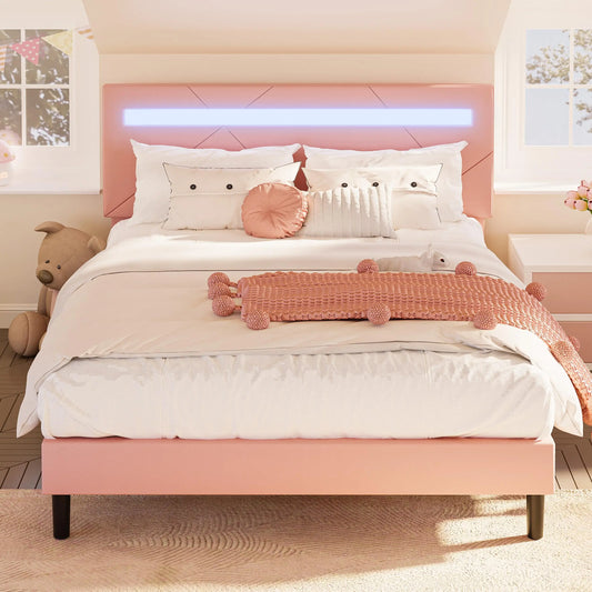 LIKIMIO Queen Bed Frame with LED Lights(Smart APP Control), Upholstered Modern Platform Bed Frame, No Box Spring Needed, Pink