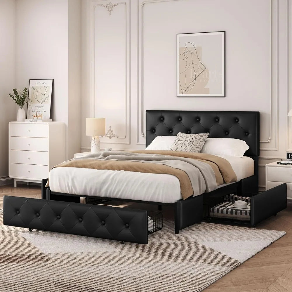 Full Bed Frame Upholstered Bed Frame with Adjustable Diamond Button-Tufted Headboard/3 Drawers Storage, Queen Platform Bed/