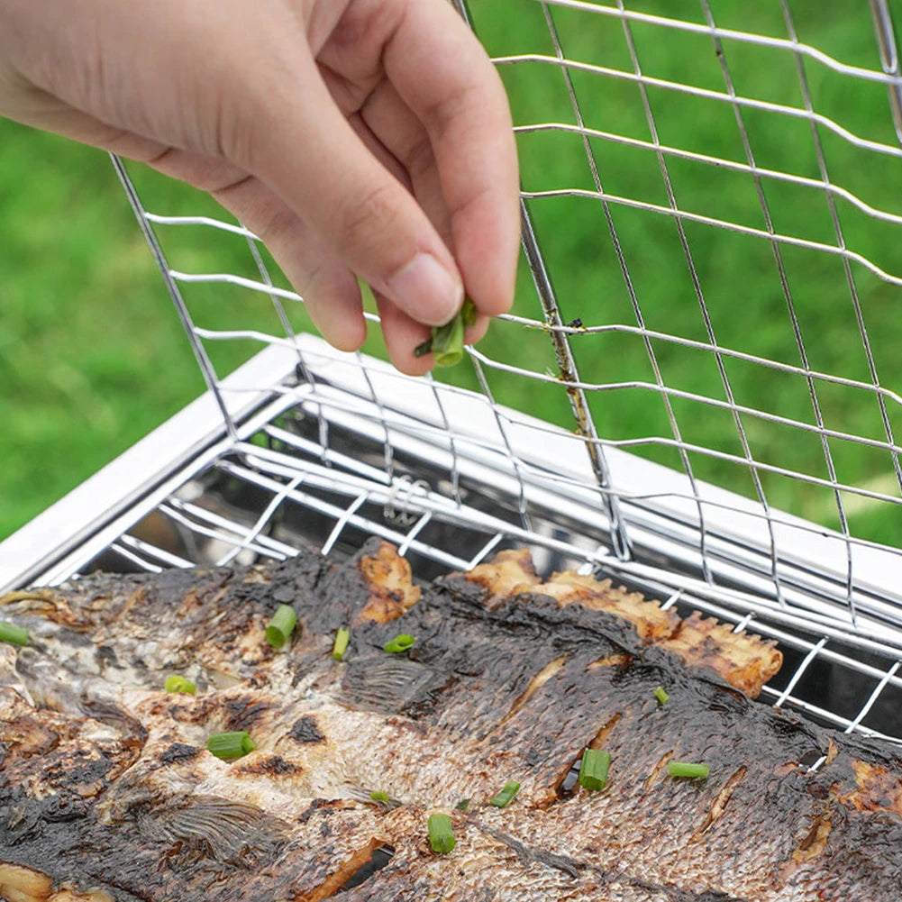 Portable Stainless Steel Grill Rack Outdoor Barbecue Fish Grilling Basket Wooden Handle Bbq Tool Camping Picnic Kitchen