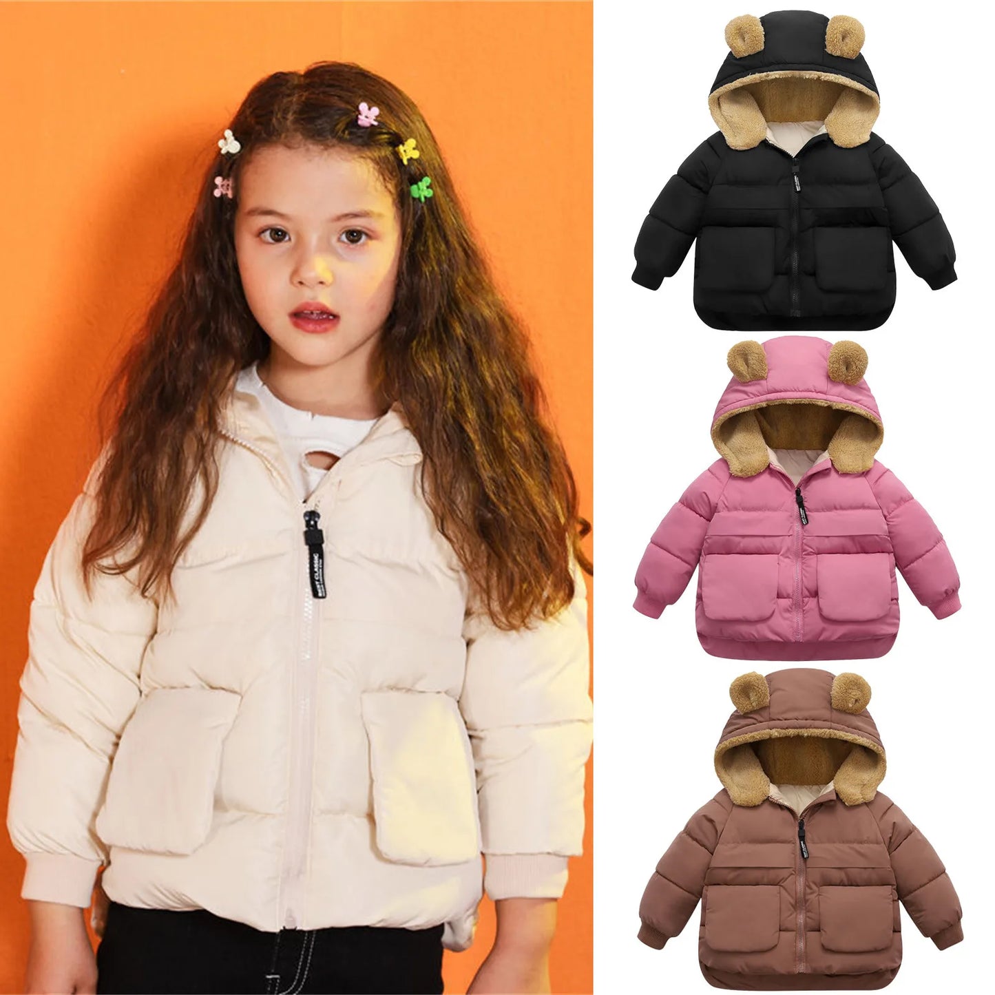Toddler Kids Baby Boys Girls Winter Warm Solid Coats Bear Ears Fleece Hooded Padded Outwear Light down Jacket Boys