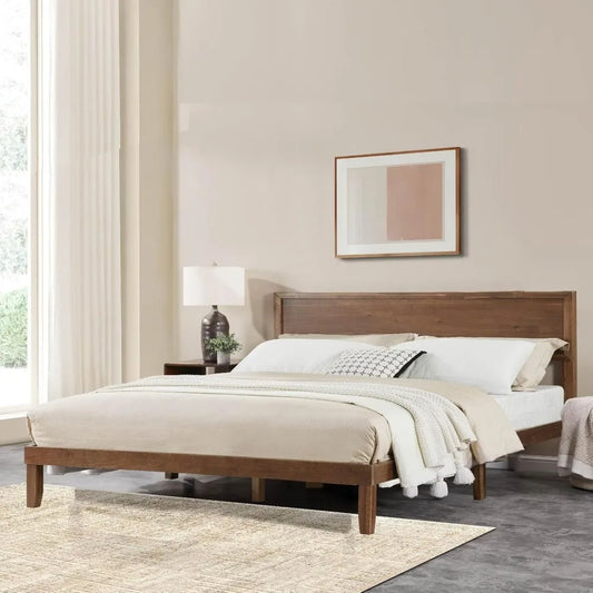 Wood  Bed Frame,Wooden King Platform Bed Frame with Headboard,Sturdy Rubber Modern Home Style Bed Frame for Bedroom (Ki