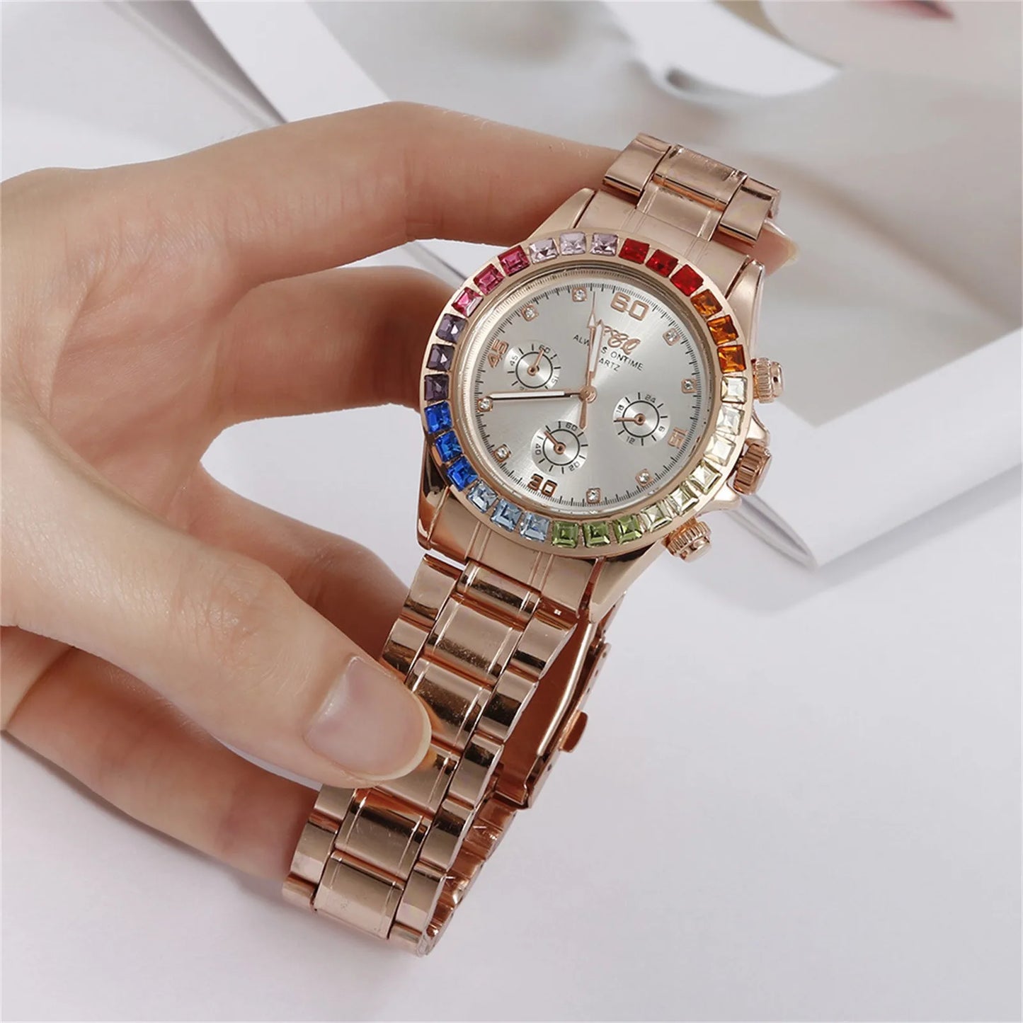 Colored Diamond Men'S Quartz Watch Stainless Steel Colored Rhinestone Men'S Watch Three-Eye Square Diamond Watch Montres Hommes