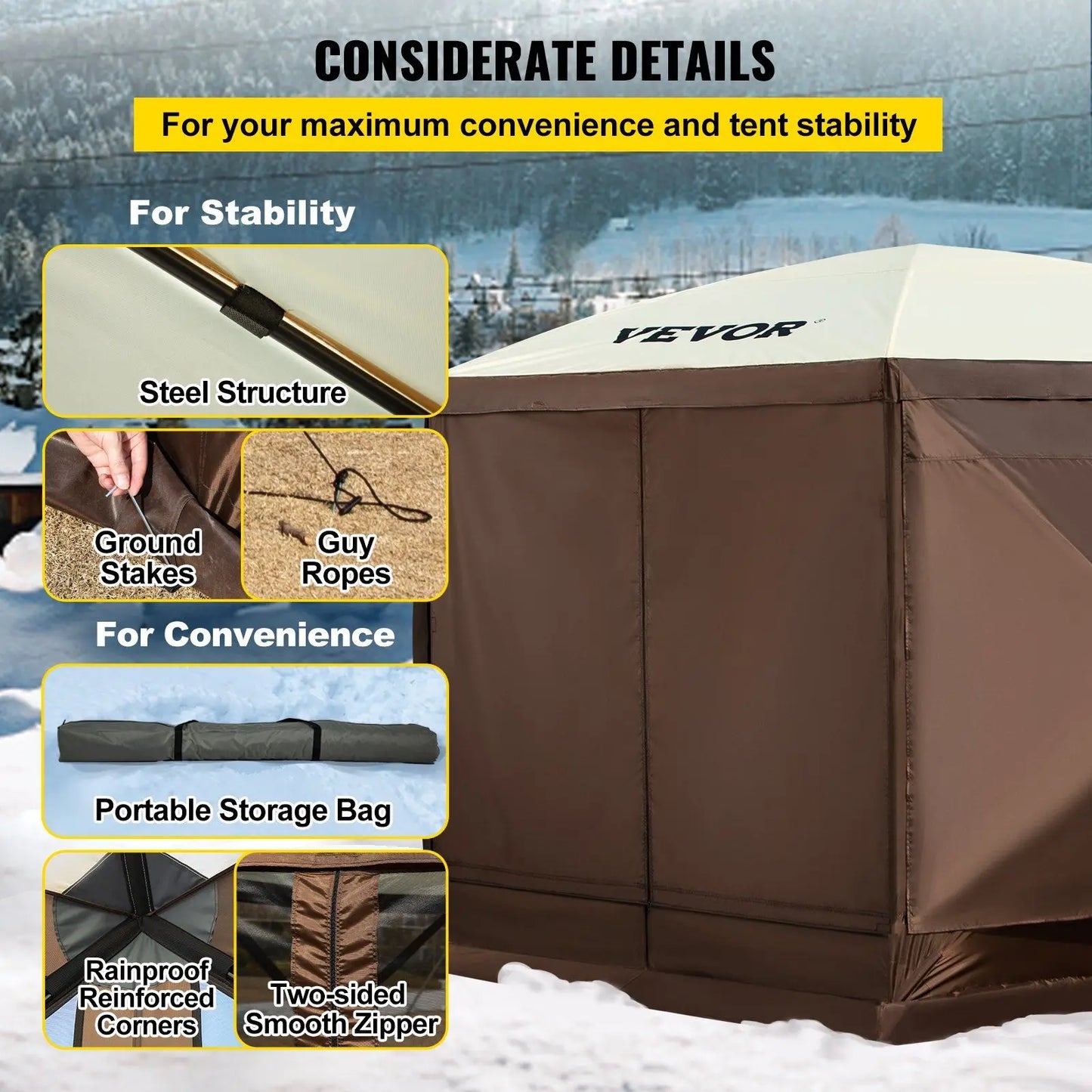 Camping Gazebo Screen Tent; 12*12ft; 6 Sided Pop-up Canopy Shelter Tent with Mesh Windows; Portable Carry Bag; Stakes