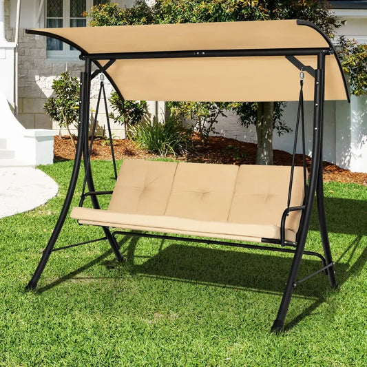Garden Swing Chair, Outdoor Hammock with Adjustable Canopy and Soft Cushions, Steel Frame Porch Seat Lounger, Patio Swing Bench
