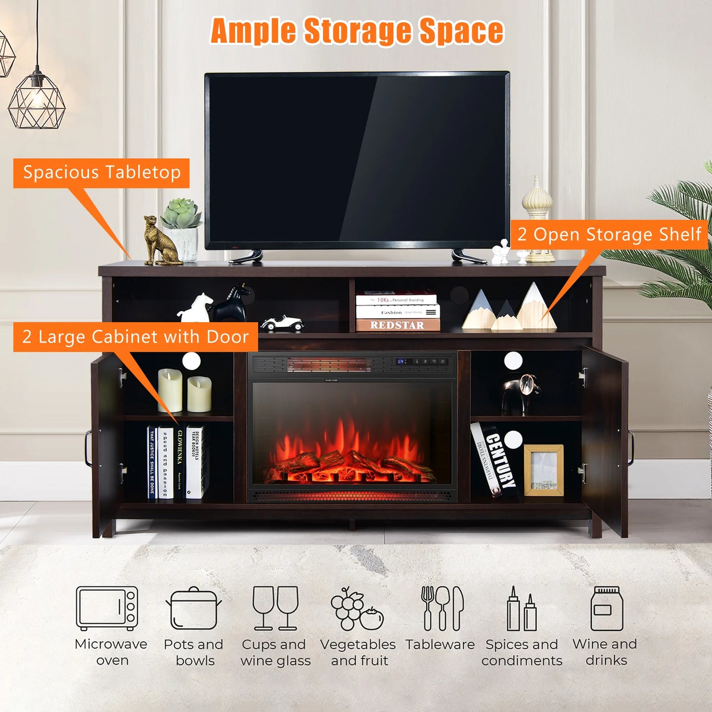 59" Fireplace TV Stand W/ 25" 1350W Electric Fireplace Heater Coffee
