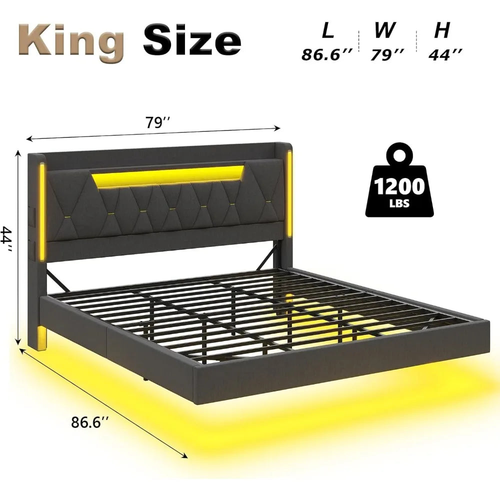 Floating Bed Frame King Size with Hidden Storage Space and Headboard, LED Lights & Charging Station, Platform Floating King Bed