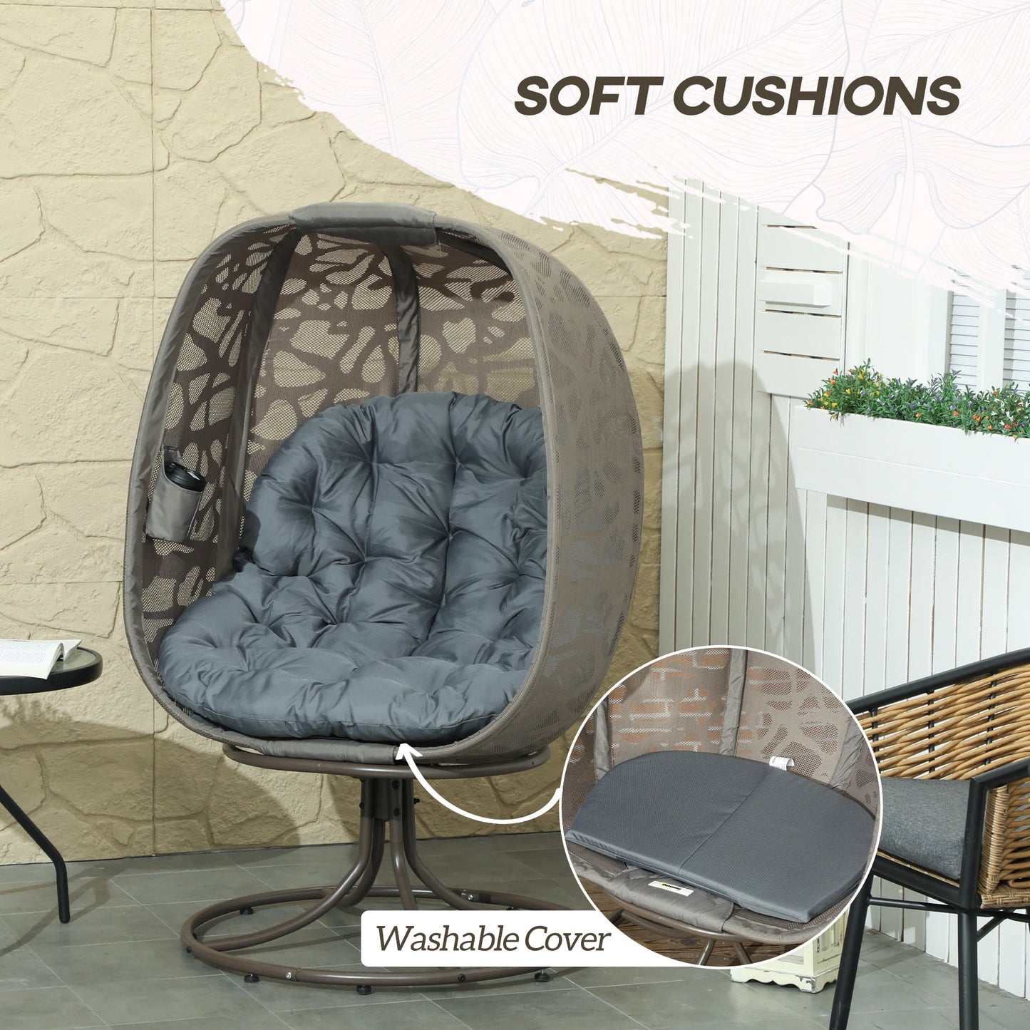 Outsunny Swivel Egg Chair with Cushions, Foldable Basket Seat and Metal Frame, Indoor Outdoor Lounge Chair for Balcony, Patio