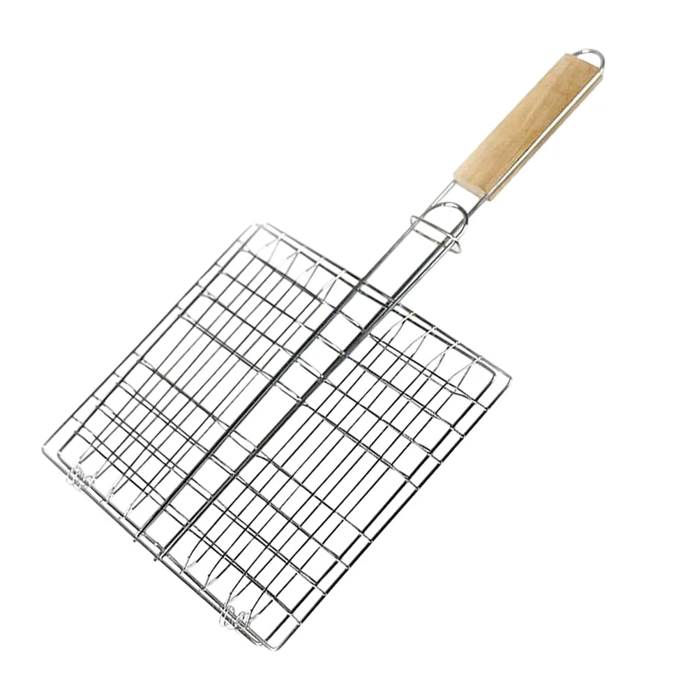 Portable Stainless Steel Grill Rack Outdoor Barbecue Fish Grilling Basket Wooden Handle Bbq Tool Camping Picnic Kitchen