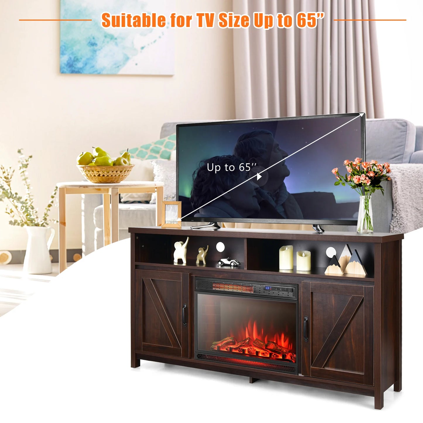 59" Fireplace TV Stand W/ 25" 1350W Electric Fireplace Heater Coffee