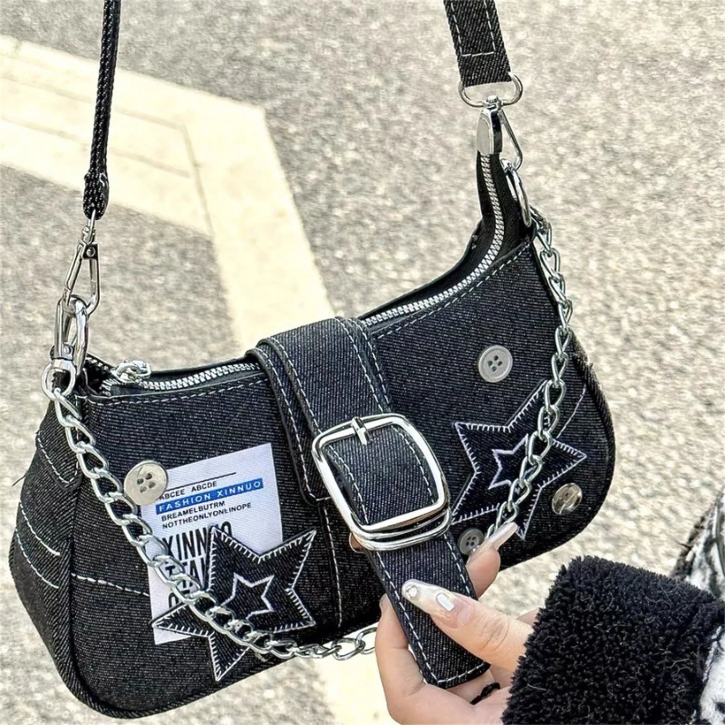 Y2k Fashion Women'S Handbags Stars Pattern Cool Girls Underarm Bag Fashion Canvas Female Small Shoulder Bags Chain Tote Purses