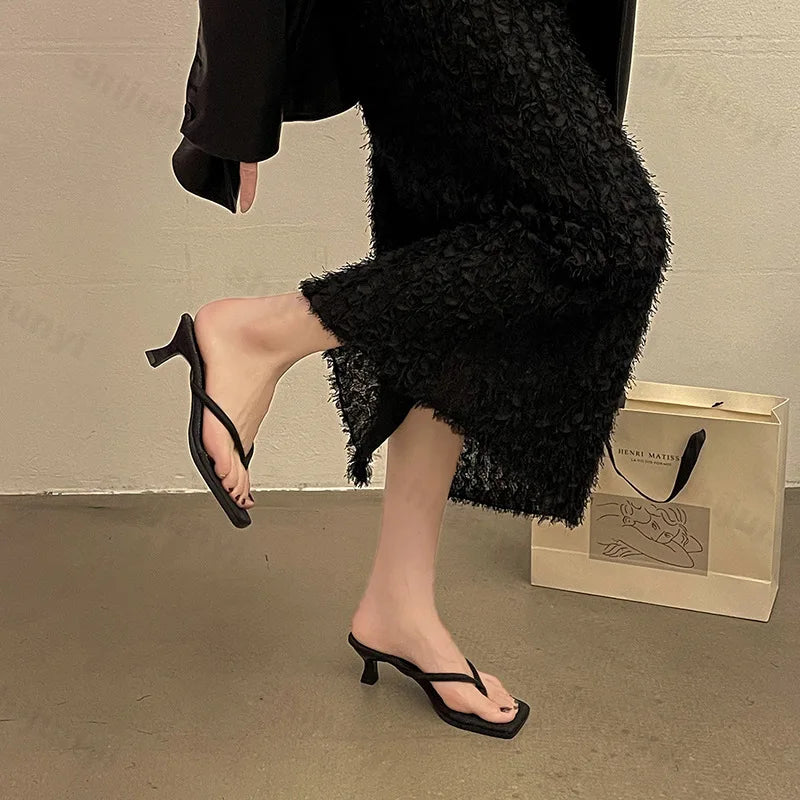 Women's Slippers 2025 Summer Flip Flops High Heel Soft Bottom Fine Heel Casual Rubber Sole Adult Footwear Comfortable Shoes