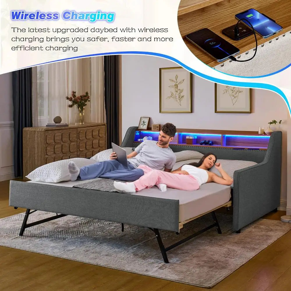 Twin Daybed w/Pop Up Trundle & Wireless Charger, Upholstered Sofa Day Bed Frame w/LED/USB/Type C/Storage Headboard