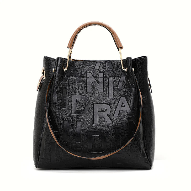 High end black women's handbag with large capacity made of high-quality cowhide and printed with letters