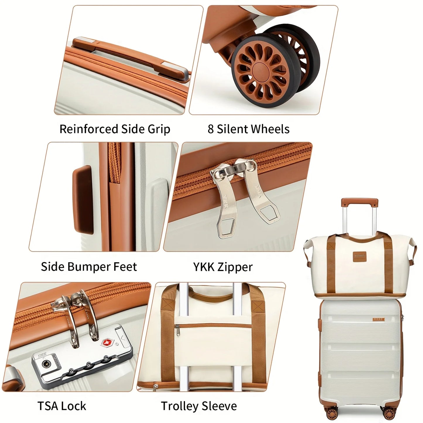 Kono 3-Piece Lightweight Hard Shell Suitcase Set with Travel & Toiletry Bags, Cabin Carry-On Trolley Luggage