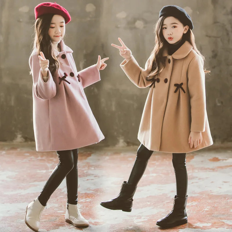 3-12 Years Old Baby Girl Winter Clothes Wool Warm Solid Color Coat New Korean Fashion Long Children's Jacket Girl Coat Clothing