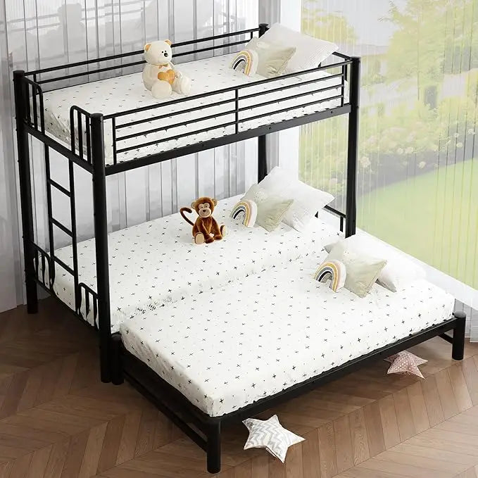 Twin Over Twin Bunk Bed Frame with Trundle,Metal Bunk Bed Bedframe with Guard Rail and 2 Ladders for Adults,Can be Divided into