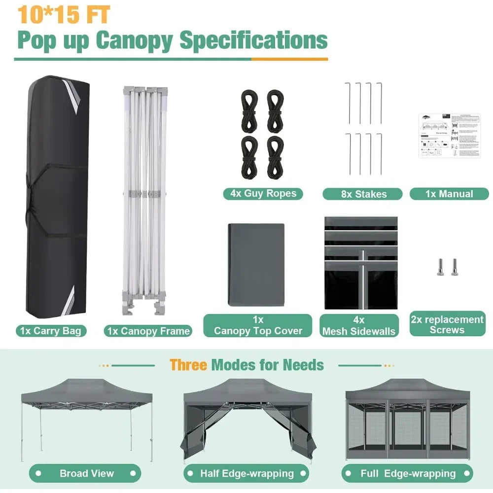Canopy Tent 10x15 Heavy-Duty, Pop-Up Gazebo with Mosquito Netting, Waterproof Canopy with Sidewalls, Party Tent with Carry Bag