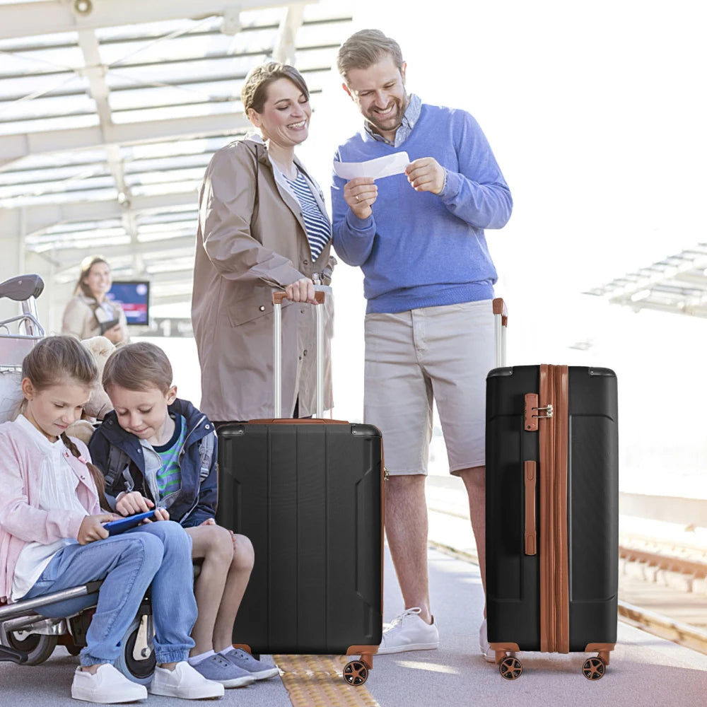 Luggage Sets 3 Piece Hard Shell ABS Lightweight Durable Suitcases with Double Spinner Wheels 20/24/28 Inch (Black Brown)