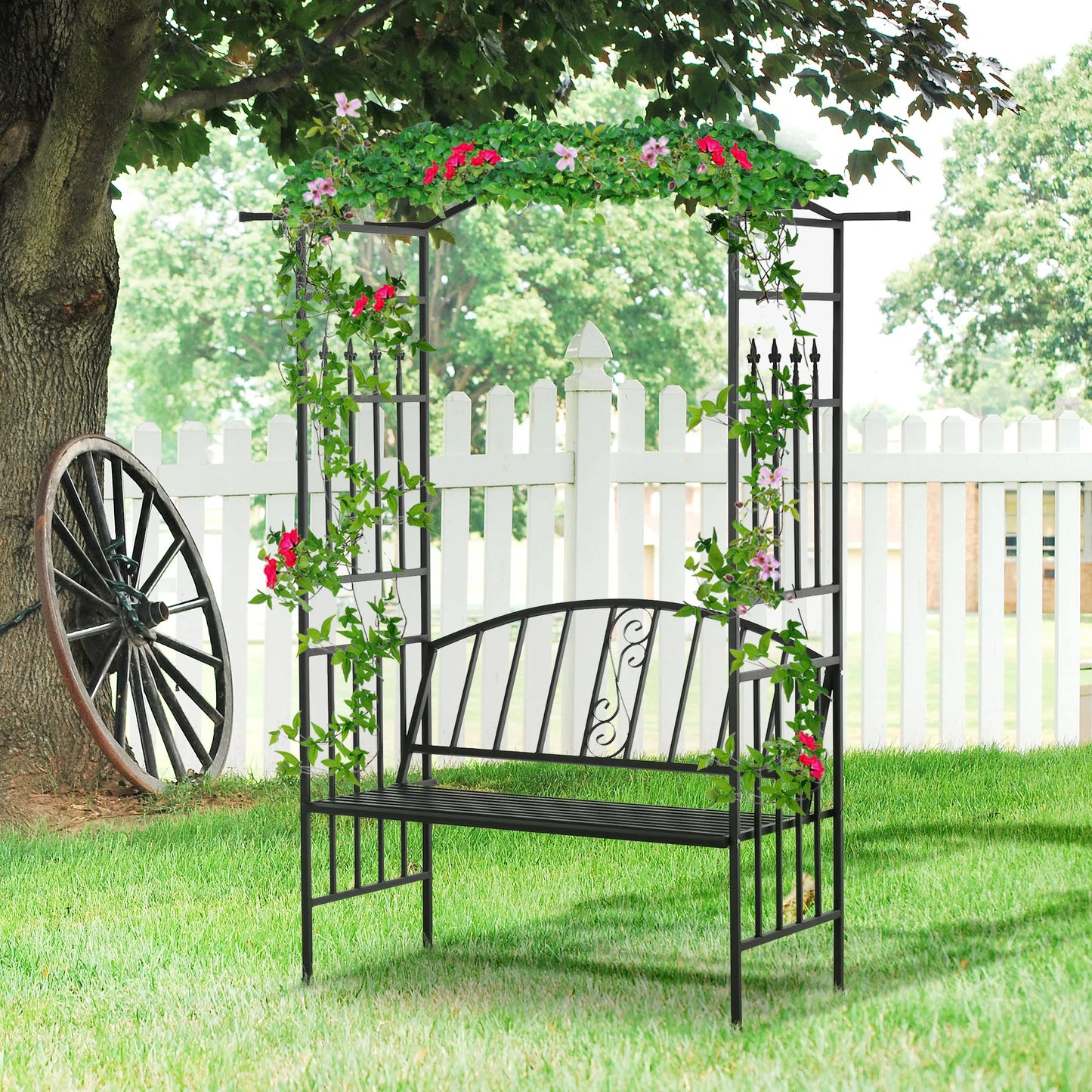Outsunny Garden Metal Arch Arbour with Bench Love Seat Chair Outdoor Patio Rose Trellis Pergola Climbing Plant Archway Tubular