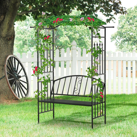 Outsunny Garden Metal Arch Arbour with Bench Love Seat Chair Outdoor Patio Rose Trellis Pergola Climbing Plant Archway Tubular