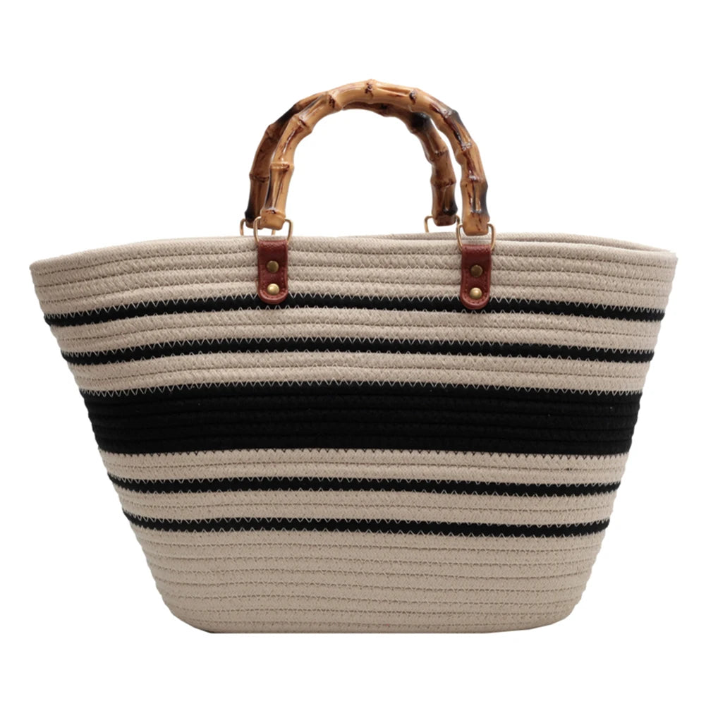 Beach Vacation Bags Bamboo Handle Women Weaving Bag Large Capacity Striped Portable Casual Fashion Exquisite for Seaside Party