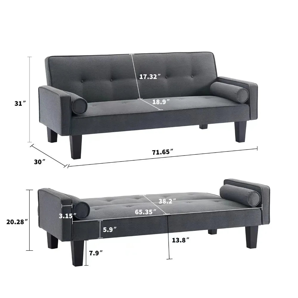 Convertible Futon Sofa Bed,Upholstered Futon Couch Fabric Sleeper Sofa with Pillows for Living Room,Gray
