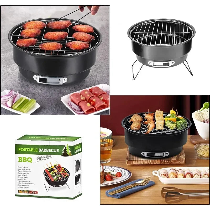 Portable Round Barbecue Grill Small Outdoor Circular Ice Pack Stove Grill Set with Handle for Home Kitchen BBQ Picnic Camping