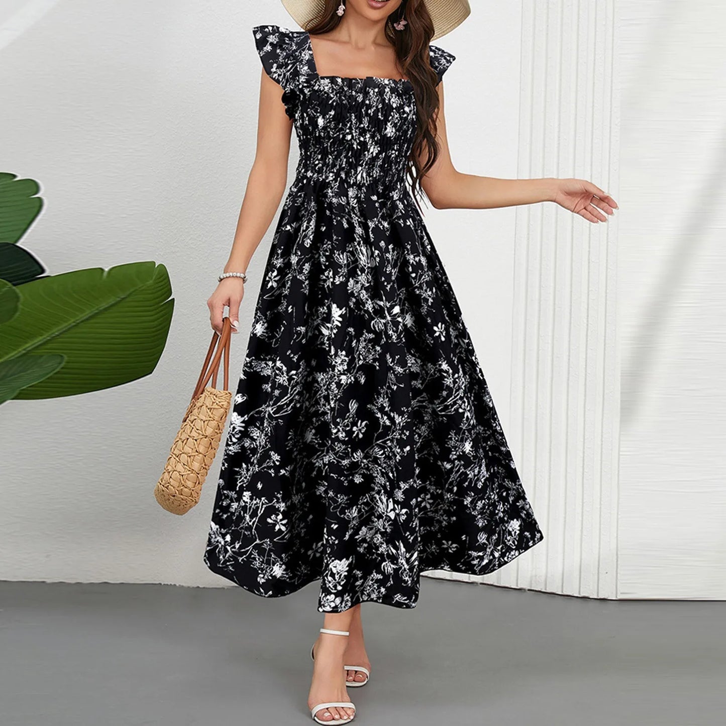 Women Floral Pleated Dress Ruched Chic Midi Dress Short Sleeve O-neck Casual Summer Boho A Line Beach Dress Women