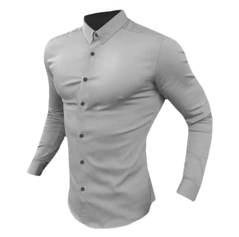 Men's Long Sleeve Super Slim Fit Plain Casual Shirt Spring Autumn Winter High Quality Turn Down Collar Business Dress Shirt Men