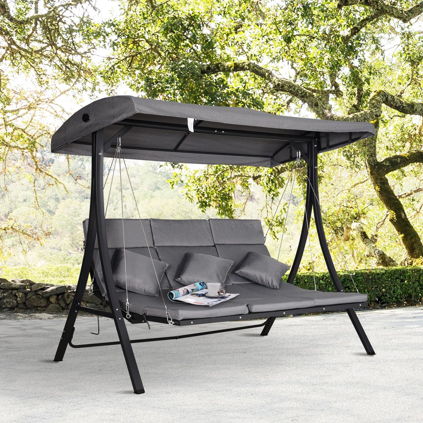 Outsunny 3 Seater Garden Swing Seat Outdoor Swing Chairs Chaise Lounge Padded Seat Hammock Canopy Porch Patio Bench