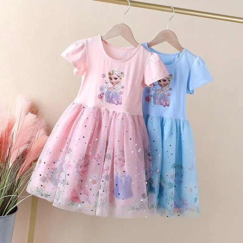 2025 New Disney Summer Kids Dress Clothes Pretty Girls Dresses Frozen Elsa Anna Princess Party Costume For Children Clothing