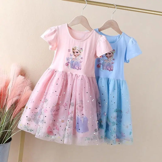 2025 New Disney Summer Kids Dress Clothes Pretty Girls Dresses Frozen Elsa Anna Princess Party Costume For Children Clothing