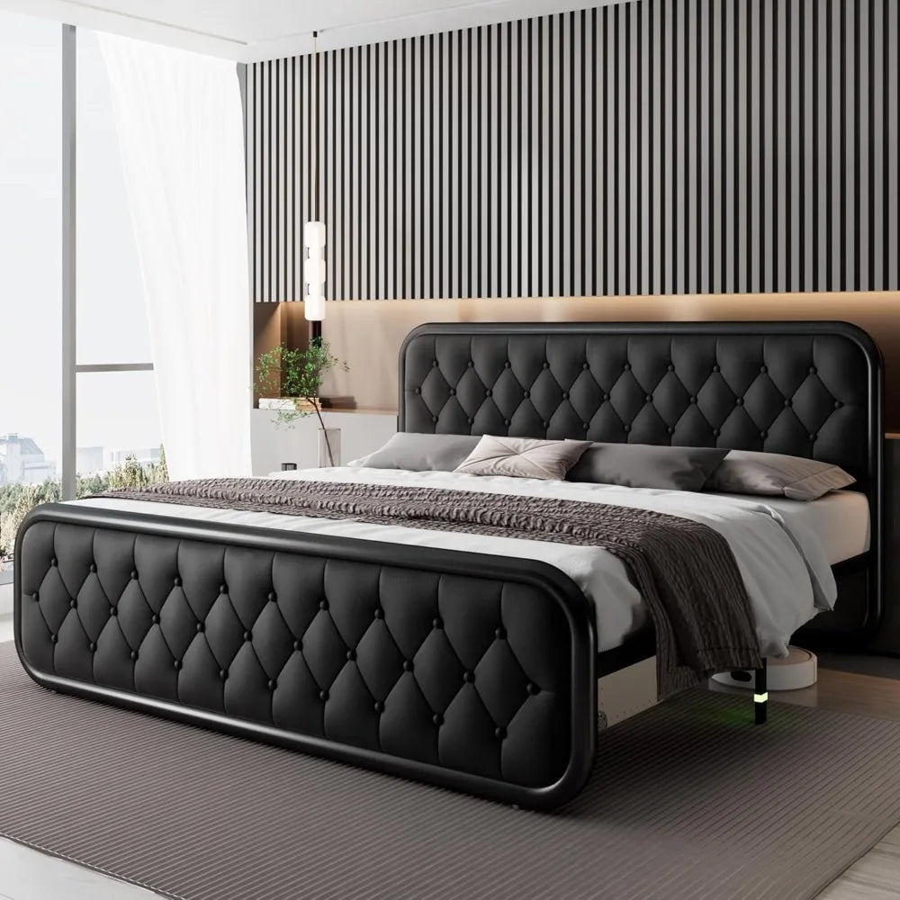 King Size Bed Frame, Upholstered Bed Frame with Faux Leather Headboard, 12" Under Bed Storage, Black