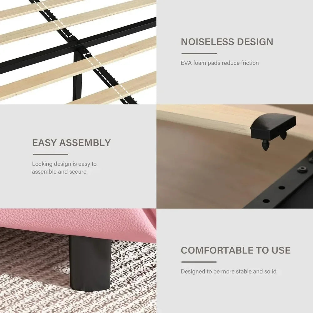 Full Size Bed Frame with LED, Storage Drawers, Princess Platform Bed with Diamond Headboard and Footboard, Upholstered Bed Frame