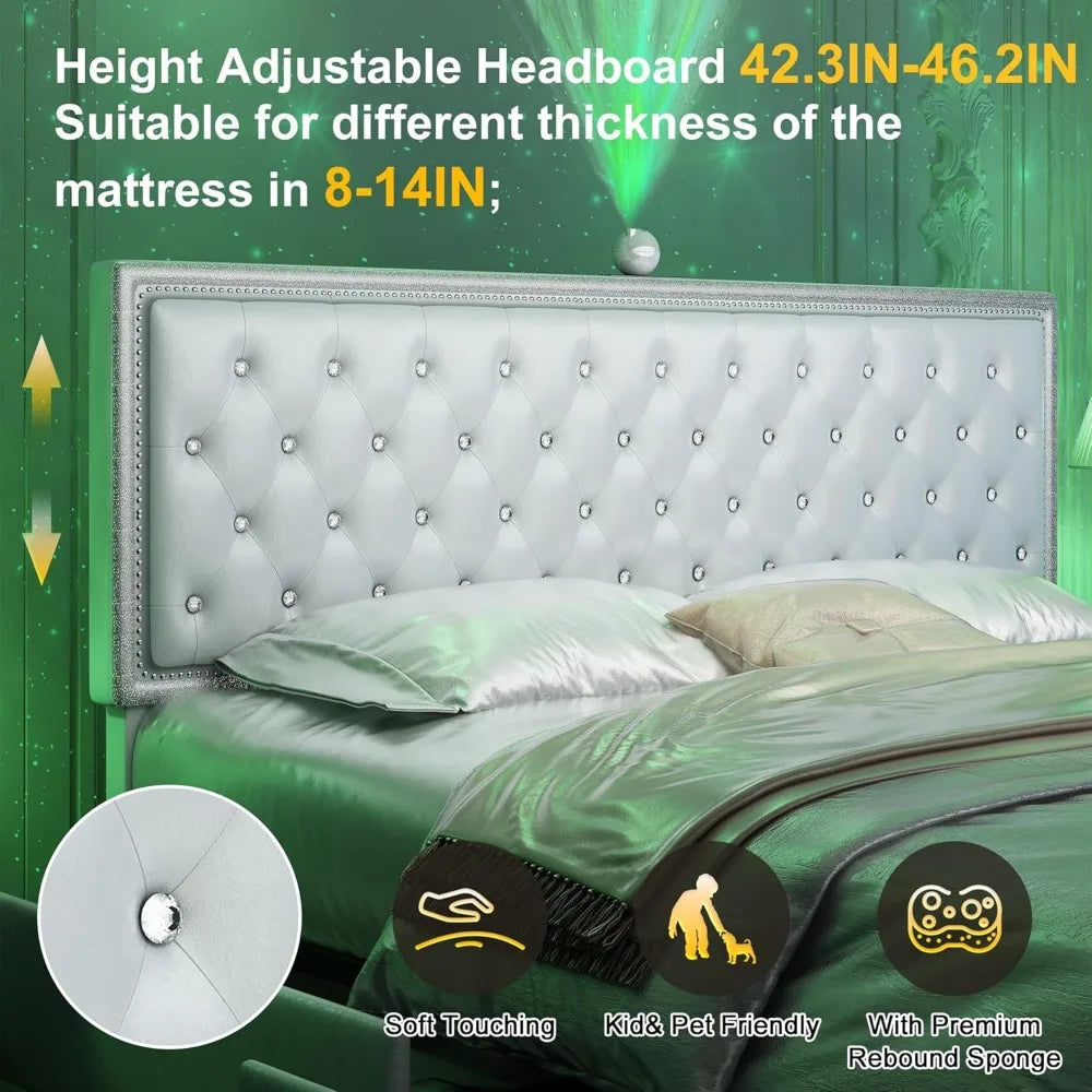 Queen led bed frame with 4 drawers，Galaxy Projector Adjustable Upholstered Headboard Diamond Bed frame with Charger Music Speake