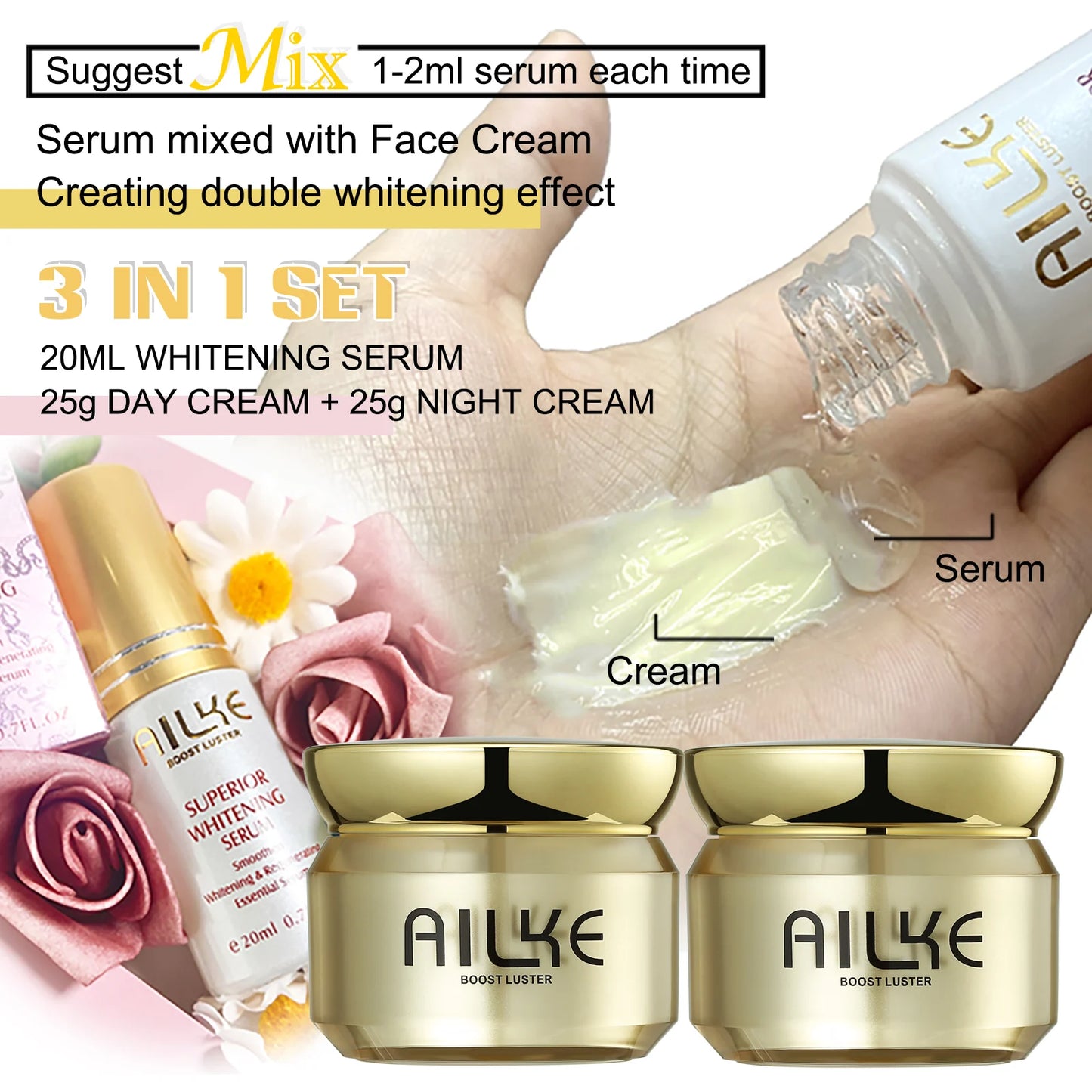 AILKE Whitening Day & Night Face Cream, Deeply Clean Skin, Even Skin Tone, Remove Dark Spots, Sun Spots, Wrinkles Facial Cream
