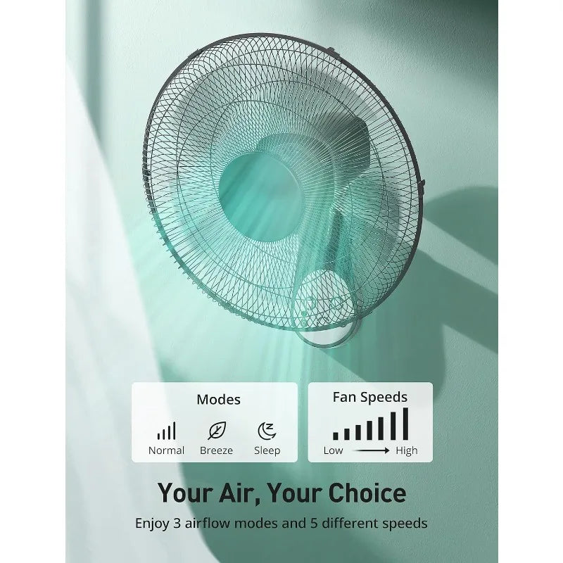 PARIS RHÔNE Wall Mount Fan with Remote,16” Wall Fan with 5 Blade,5 Speed,8 Hour Timer,90° Oscillating Quiet Wall Fan with Remote