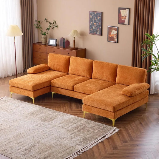 110" Sectional Couches for Living Room,U Shape Couch with Double Chaise, 4-Seat Sofa Set with Chenille Fabric for Home Furniture