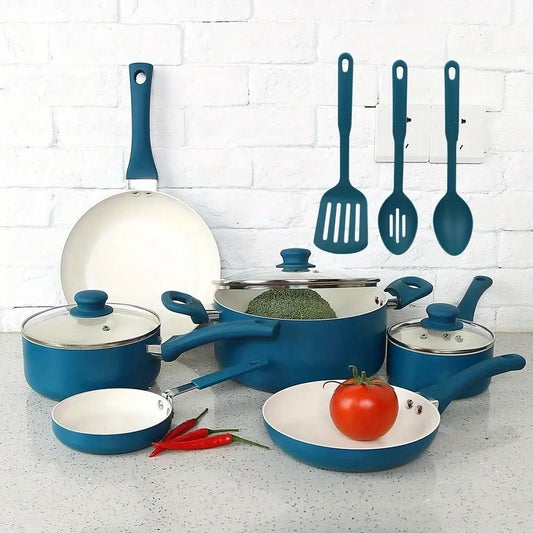 Ceramic aluminum 12-piece cookware set non-stick cookware to meet all kinds of cooking needs, suitable for warm family gifts