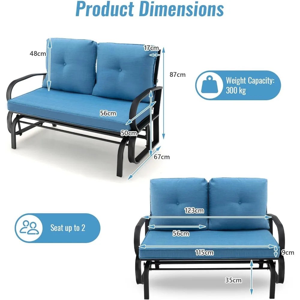 2-Person Outdoor Glider Bench, Patio Double Swing Rocking Chair with Cushions, Steel Frame Garden Loveseat Relax Gliding